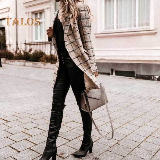 Damen Winter Herbst Mantel Umlegekragen Karomuster Zweireihig Lange Ärmel Dicke Mittellange Jacke für Dating Pendeln Büro