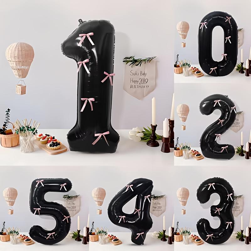 5pcs Black Large Balloon Number 0-9 with Pink Bow, Birthday Party Supplies Decorations, Suitable for Birthday Parties, Weddings
