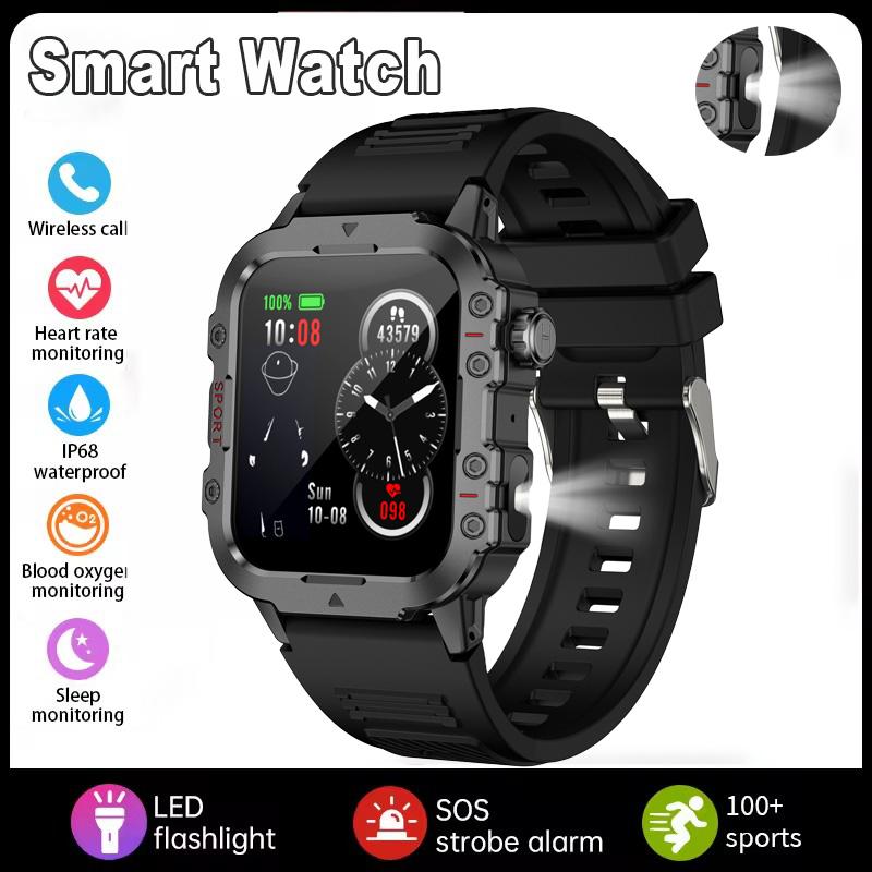 New Outdoors Smart Watch LED Flashlight IP68 WaterProof Multi-Sport Mode Heart Rate Blood Oxygen Monitoring Men Smartwatch