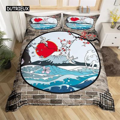 Conjunto de cama japonês com guindaste, edredom onda do mar, completo, king, microfibra, ukiyoe, étnico, fuji, montanha, flores de cerejeira, capa de edredom