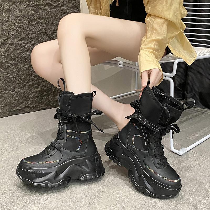 8CM Women Chunky Mid-Calf Boots New 2025 Autumn Winter Buckle Canvas Punk Shoes High Platform Motorcycle Boots Leather Sneakers