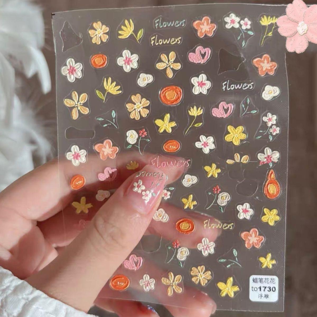 

Новый стиль нейл-арта весной Красочный маникюр с полевыми цветами Рельефная наклейка Романтическая масляная живопись Свежая Простая Милая наклейка для ногтей T126-Crayon flower 1