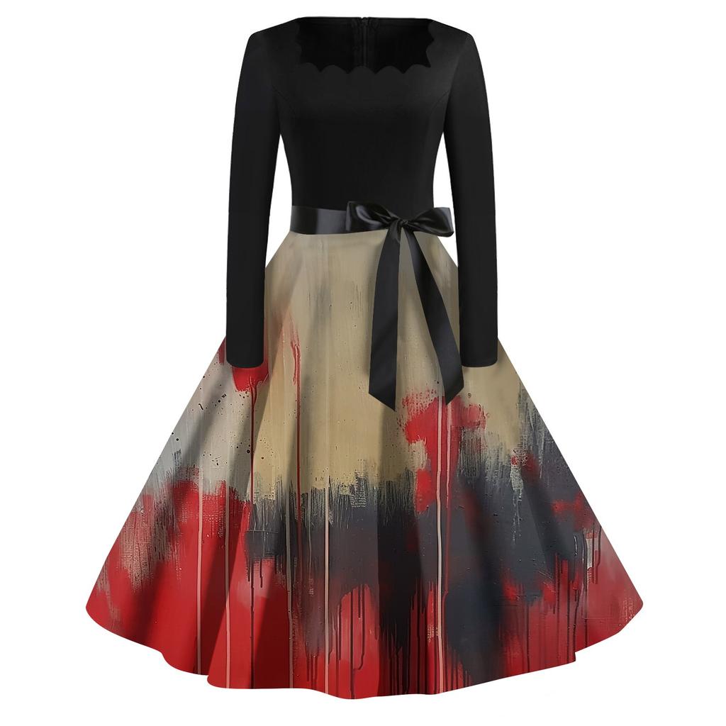 Women's Casual Fashion Halloween Printed Square Neck Vintage Dress
