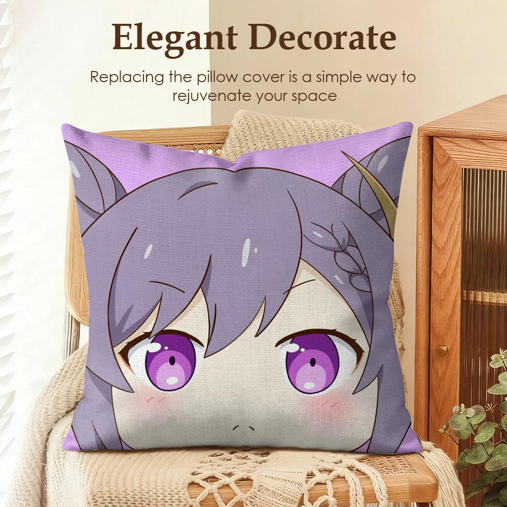 Keqing Cute Genshin Impact Cushion Cover Natural Linen Organic Fabric Double-Sided Printing Sofa Home Decor Gift Pillow Case