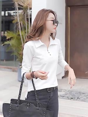 Women's 3XL Top Long-sleeved POLO Collar Simple Outer Wear T-shirt Women's Bottoming Shirt Spring and Summer New Slim Slimming Trend