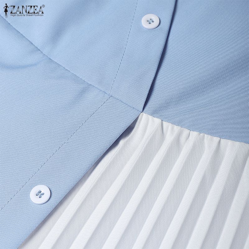 ZANZEA Women Summer Turn Down Collar Casual Patchwork Short Sleeve Dress