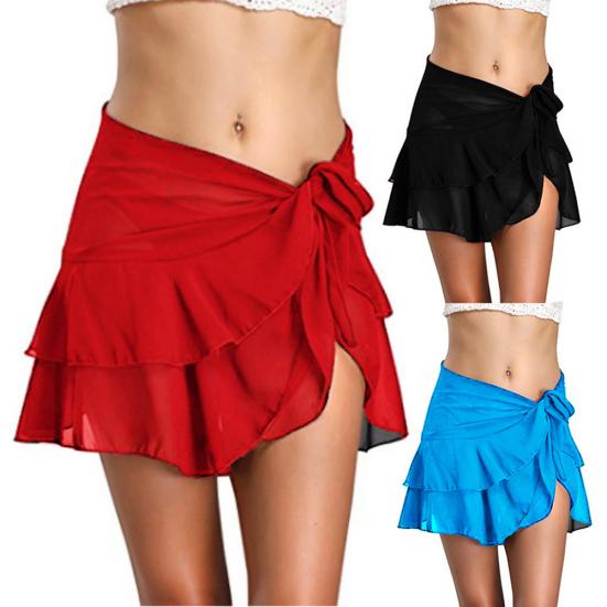 Women Solid Color Bandage Beach Bikini Cover Up Swim Skirt Ruffled Wrap Sarong