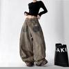 Women's Autumn Post-Apocalyptic Style Wide Leg Jeans - Dirty Dyed Print, Loose Curved Leg, Floor-Length Jazz Pants