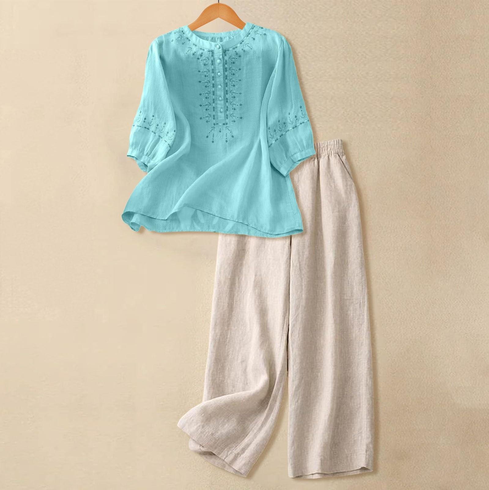 

Стильный хлопково-льняной комплект из двух предметов: Топ, В винтажном стиле, Повседневный, И брюки-клеш. L зелёный