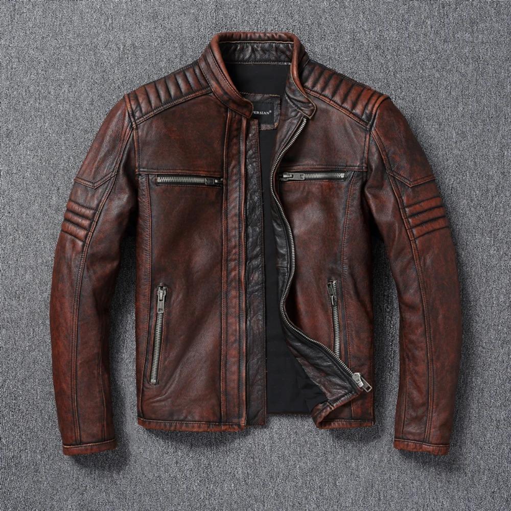 Chinesische Größe Echte Kuhlederjacke Herren Motorradjacken Echtes Rindsleder Vintage Herren Ledermantel Bikerkleidung