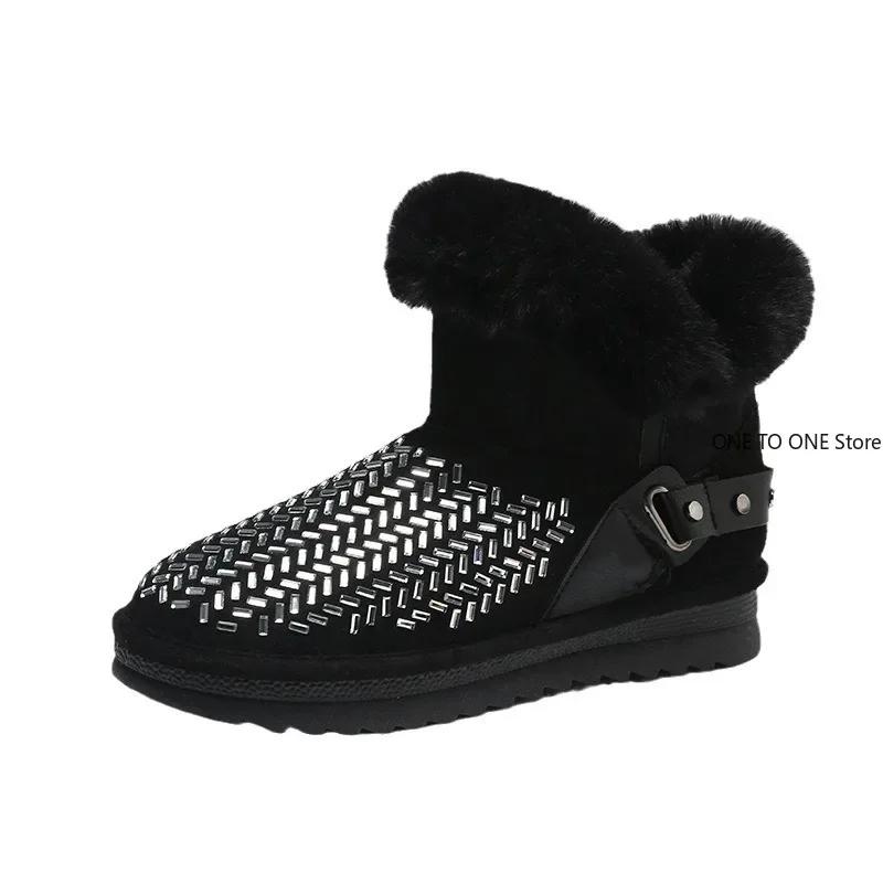 Fashion High Platform Shoes Winter Snow Boots Slip-on LazySeal Warm Real Mink Fur Shoes Women Luxury Crystal Hand Stitching Leather Boot