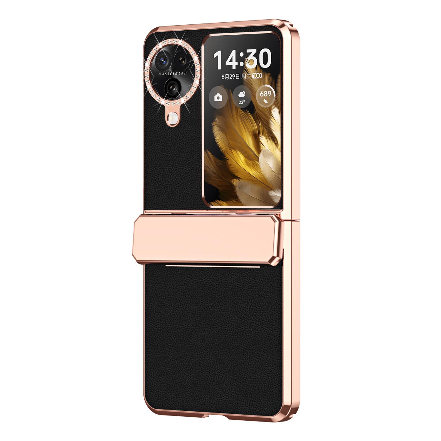 

For Oppo Find N3 Flip 5G Drop-proof PU Leather+PC Case Anti-fingerprint Electroplating Phone Cover Black