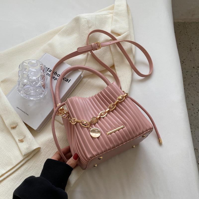 New Trendy Mini Bucket Bags for Women Solid Color Pleated Design Soft Crossbody Bag Female Short Handle Handbags