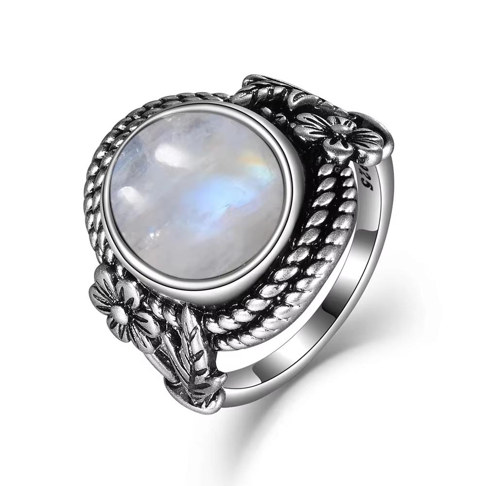 Vintage 925 Sterling Silver Natural Moonstone Rings Bohemia Oval Shape Retro Ring Gifts Fine Jewelry for Women Men