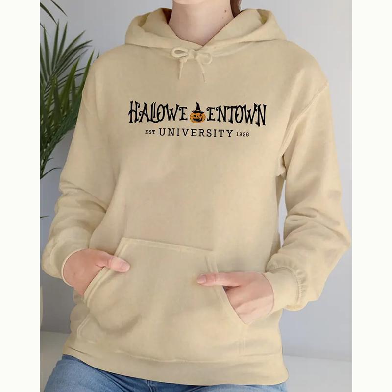 Ladies Spring Autumn Casual Hooded Long Sleeve Big Pocket Halloween Printed Pullover Hoodies Sweatshirt Top