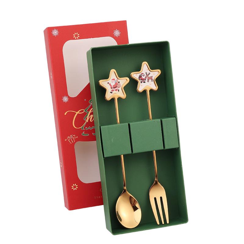 2/6Pcs Christmas Stir Spoon And Golden Dessert Fork Set With Five Star Tree Design For Christmas Eve Party Gift Tableware