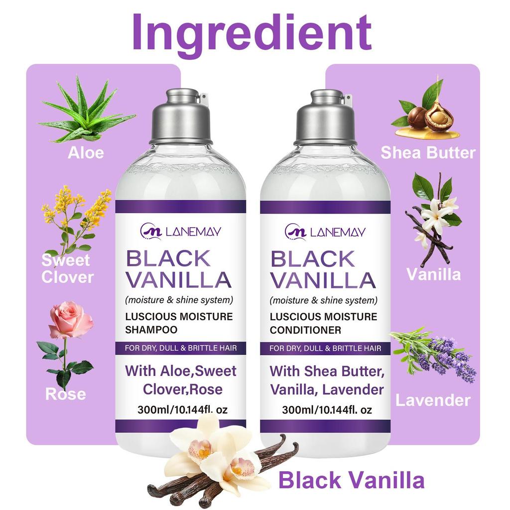 Black Vanilla Shampoo And Conditioner Set-Deeply Clean, Moisten, Repair & Nourishment Hair-Suitable for all Hair Types, 300ml+300ml
