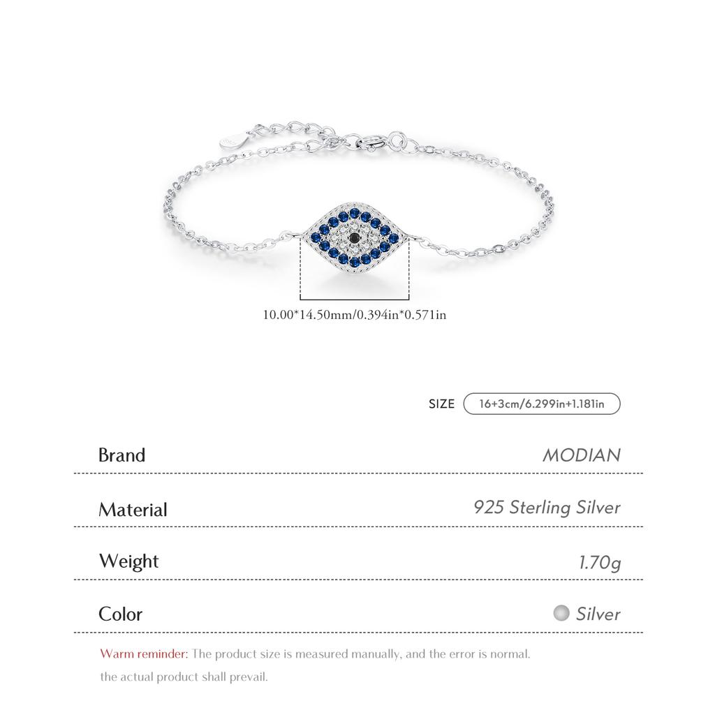 MODIAN 925 Silver Vintage Blue & Clear Zirconia Eyes Bracelet Stackable Vacation Link Chain Bracelets For Women Jewelry