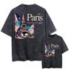 Double Sided Printed Retro Washed Loose Black Tshirt Paris France Eiffel Tower Tshirts