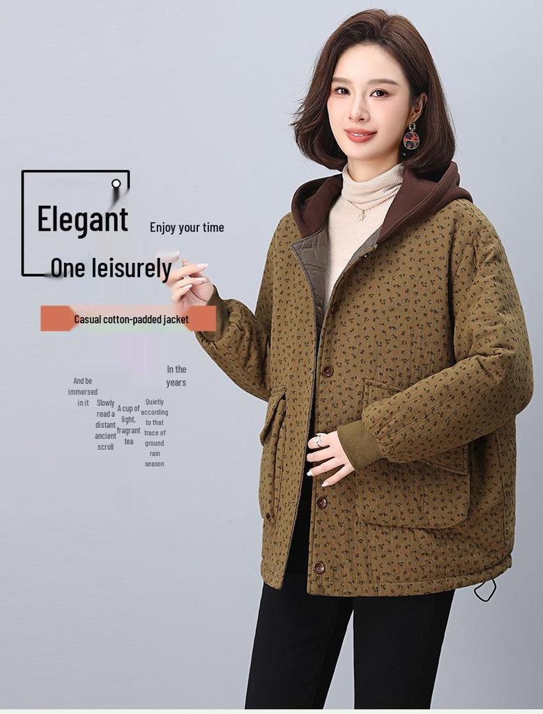 2024 Women's Retro Print Cotton Jacket - Winter Style, Plus Size, Loose Fit, for Middle-Aged and Elderly Moms