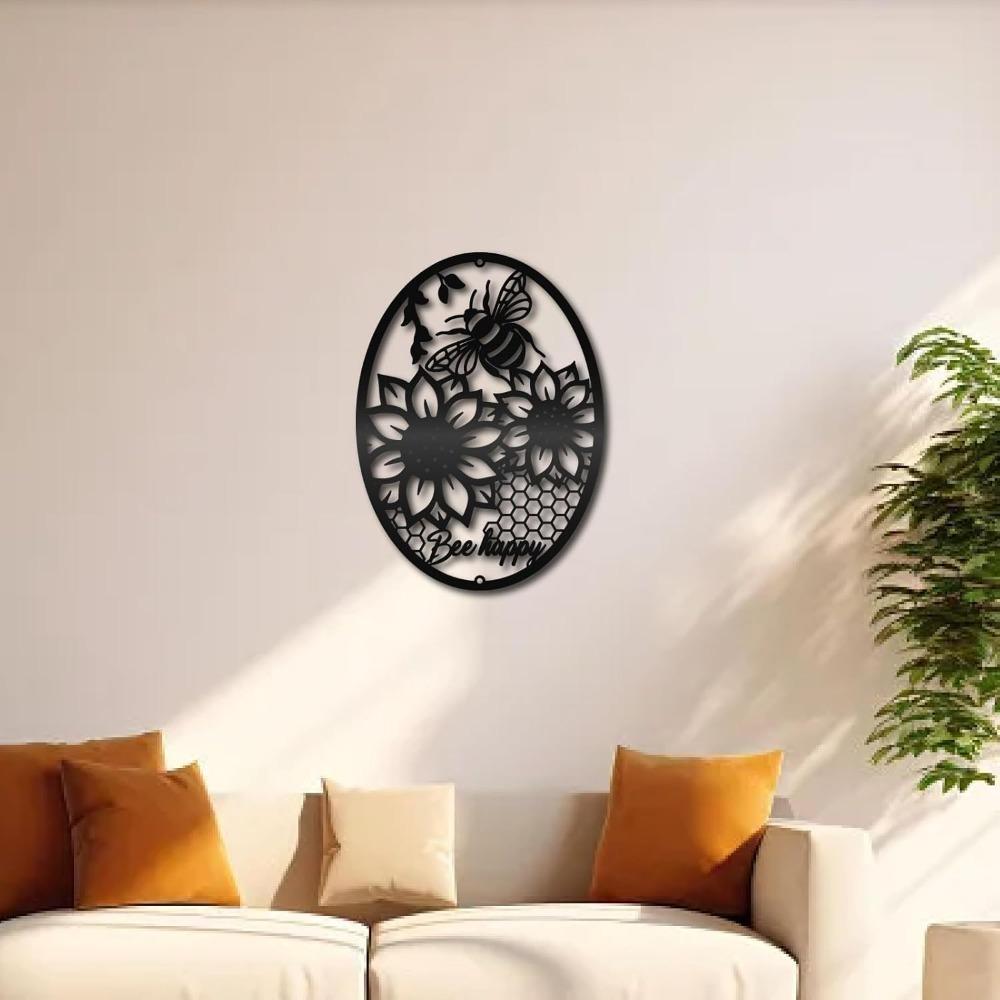 Black Metal Sunflower Wall Art Bee Decor Hollow Elliptic Hanging Sign Modern Farmhouse Home Living Room Bedroom Kitchen 8.6x11.8in