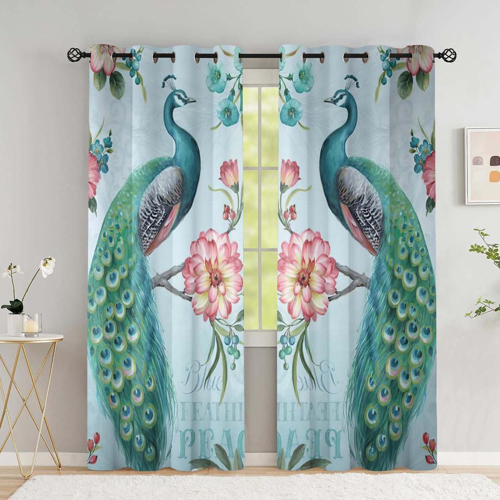 Window Curtains for Living Room Luxury Bedroom Divider Blue Peacock With Flower Peafowl Left and Right 2Panels Cortinas Drapes