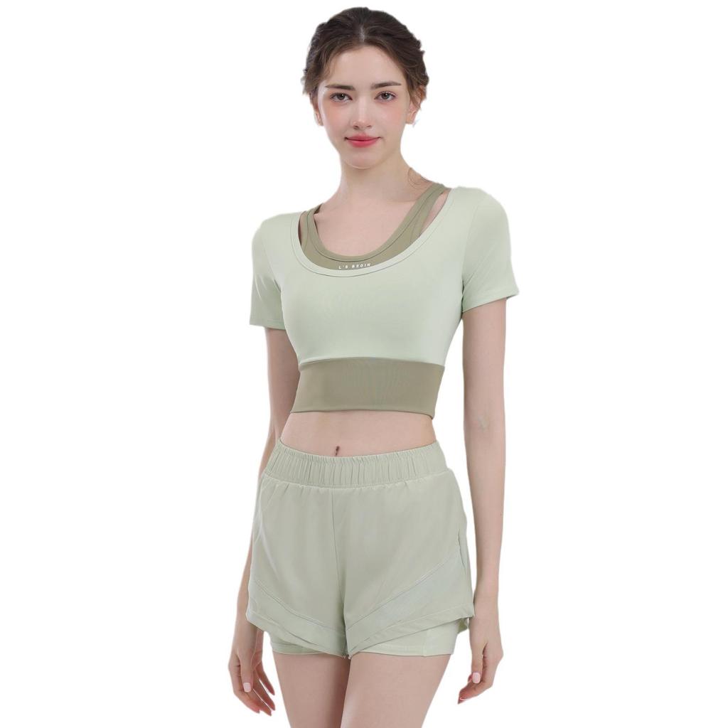 Women's Short Sleeve Yoga Set: Summer Style Workout Top with Chest Pad for Pilates, Training, and Running.