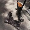 Full Cowhide Autumn and Winter Retro Heightening Medium Boots Belt Buckle Lace Locomotive Fried Street Knight Boots Thick-soled Martin Boots Women