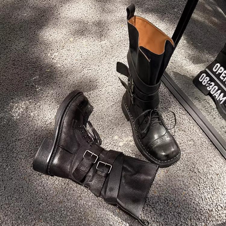 Full Cowhide Autumn and Winter Retro Heightening Medium Boots Belt Buckle Lace Locomotive Fried Street Knight Boots Thick-soled Martin Boots Women