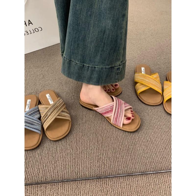 Flat-bottomed Retro Woven Open-toed Cool Slippers for Women's Summer Wear, New with Skirts, Cross-strapped Sandals