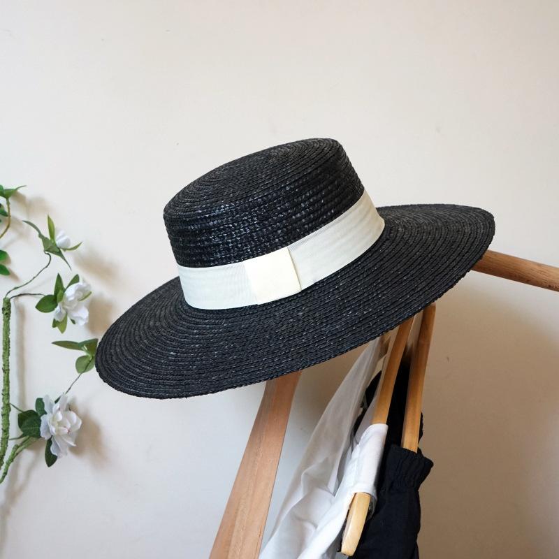 French Retro Elegant Black Big Eaves Holiday Straw Hat Summer Female Shade Sun Protection Beach Straw Straw Jazz Hat