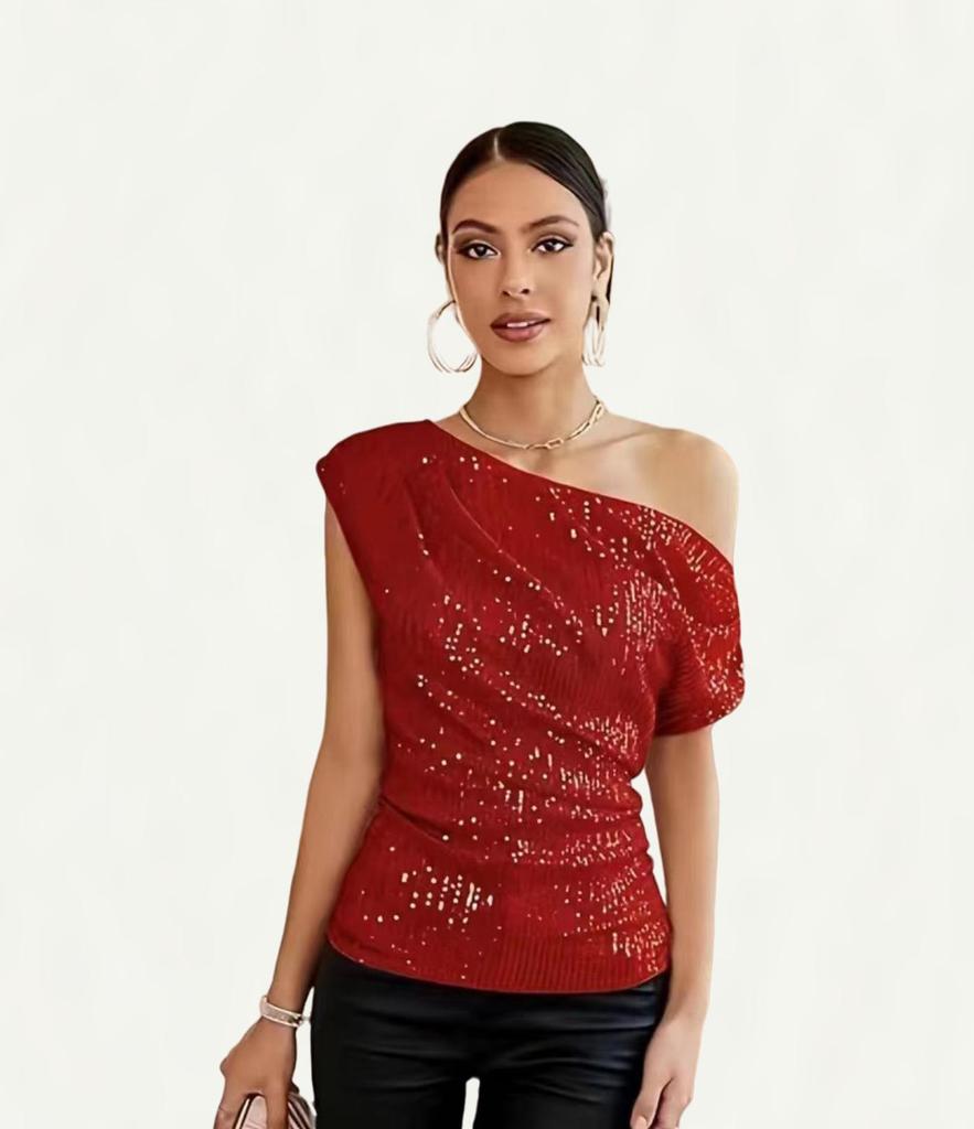 2023 Sequined Glitter Beaded Oblique Collar Short-Sleeve T-Shirt for Women - European/American Summer Style