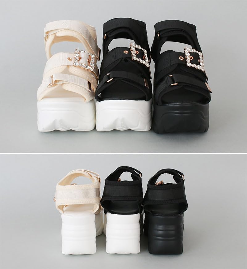 Jewel Buckle Velcro 9cm Thick Sole Sneaker Sole Sports Sandals Back Strap Easy to Walk High Tech Dad Neat Simple Korean Black White M [Room Nine]