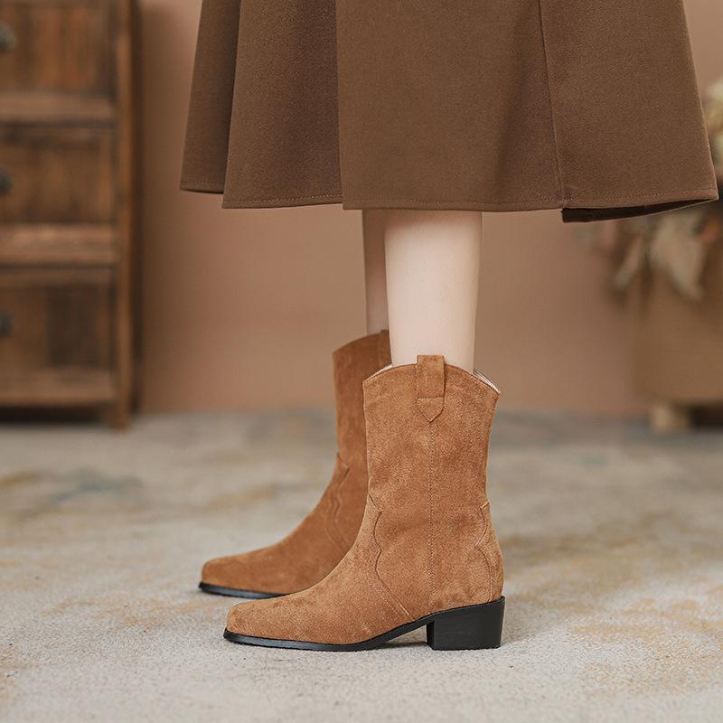 inner height increase thick heel V mouth small short boots women's spring and autumn new square head retro comfortable thin boots spring and autumn