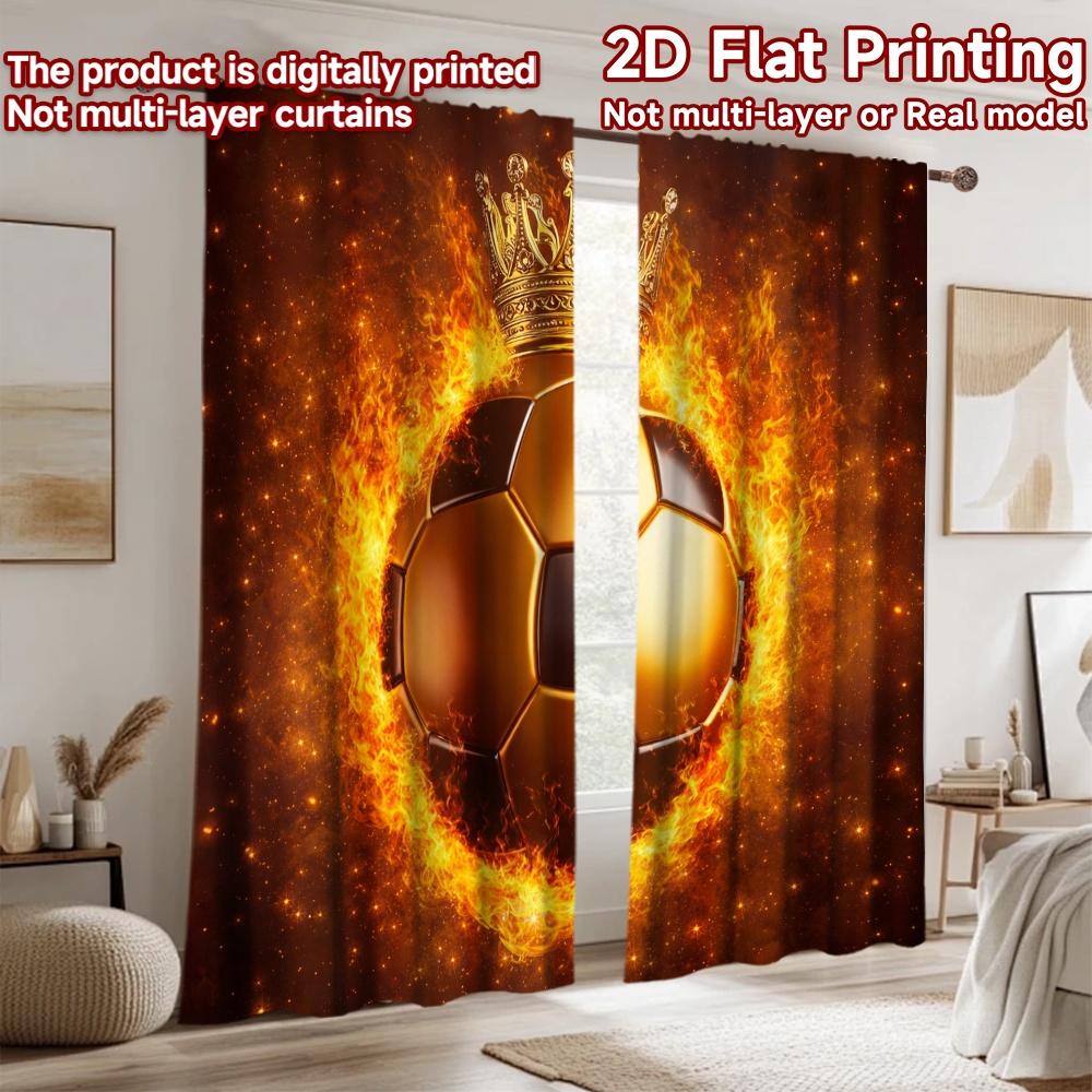 2D Flat Printing 2pcs Curtain Party Curtains Fiery Soccer Crown Digital Printed Polyester Drapes Festive Curtains for Holiday