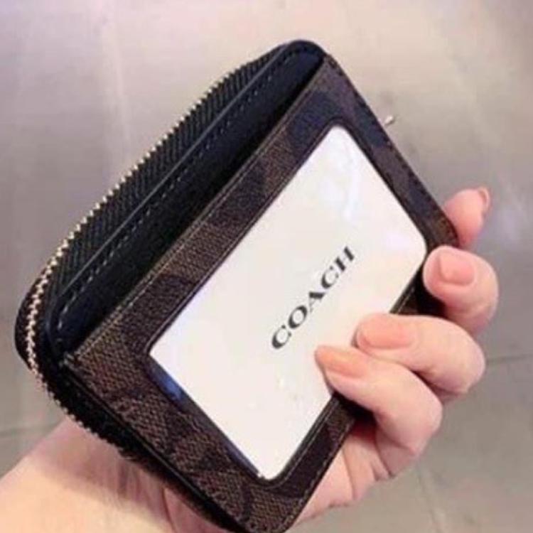 Coach Color Block Zipper Card Case With Metal Logo Canvas And Leather Women Card Case Black Brown C0058-IMAA8