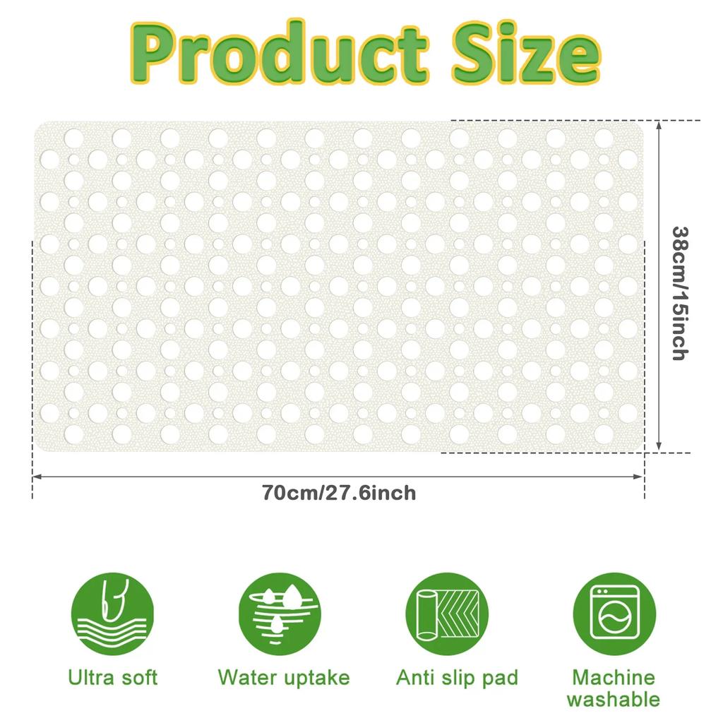Bathtub Shower Mat 27.6×15 inches Non Slip Bath Mats for Tub Floor with Drain Hole Soft on Feet, Machine Washable, Easy Dry
