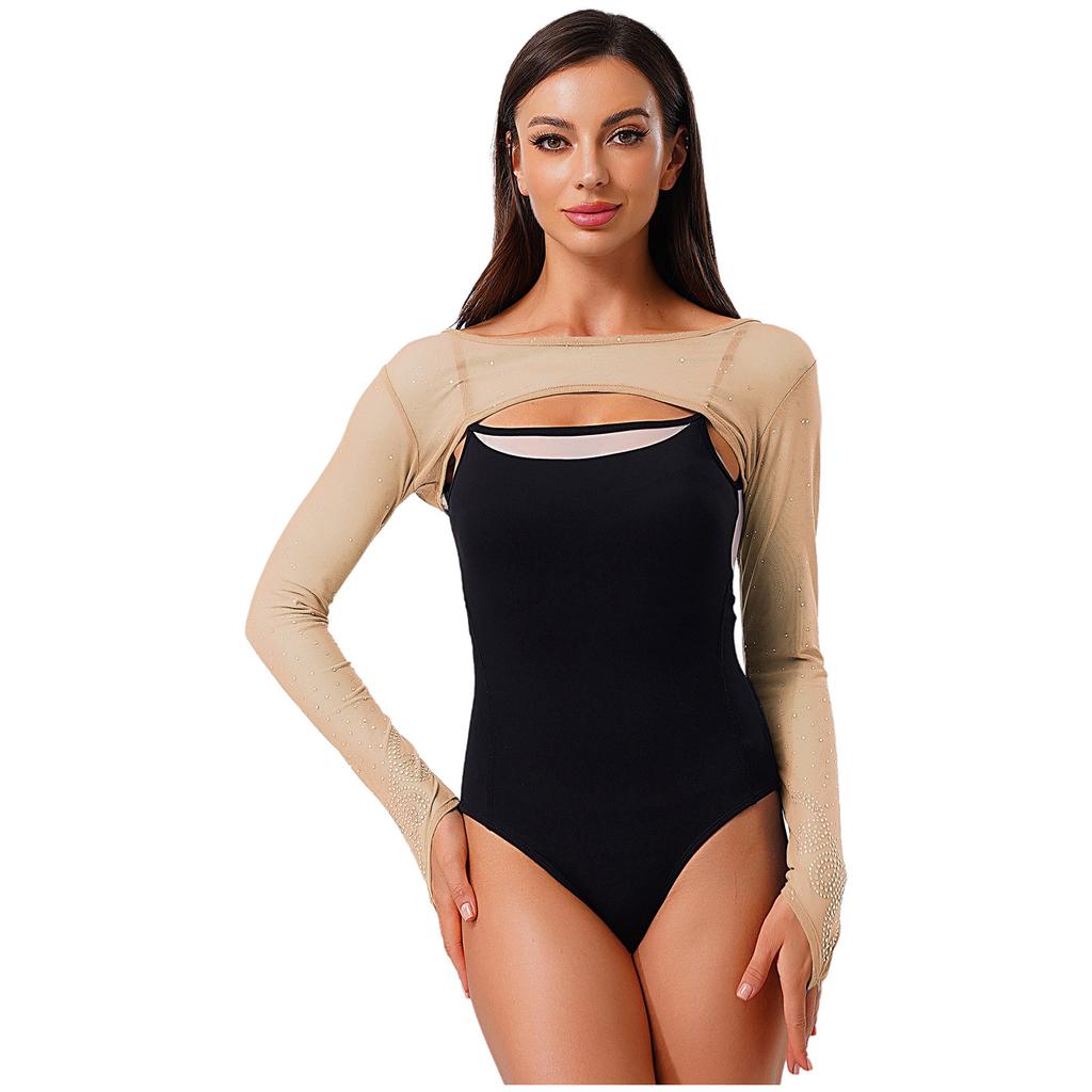 Womens Sparkle Rhinestone Mesh Long Sleeve Dance Crop Top Finger Loop Pullover Shrug Shoulder Cover
