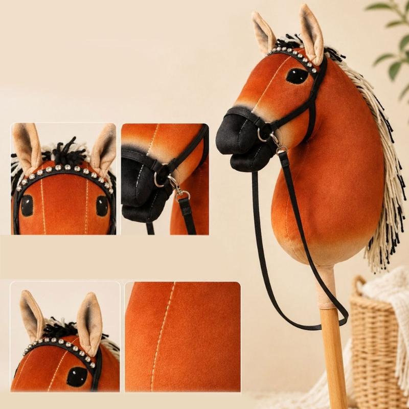 Horse Head Stick Toy Plush Brown Costume Prop with Handheld Wooden Handle for Role Play, Stage Use, Party Play and Themed Photo Props