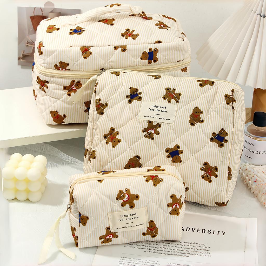 3pcs Cute Pink Bear Cosmetic Bag Large Capacity Makeup Pouch Zipper Multifunctional Travel Bathroom Storage Gift for Women Girls