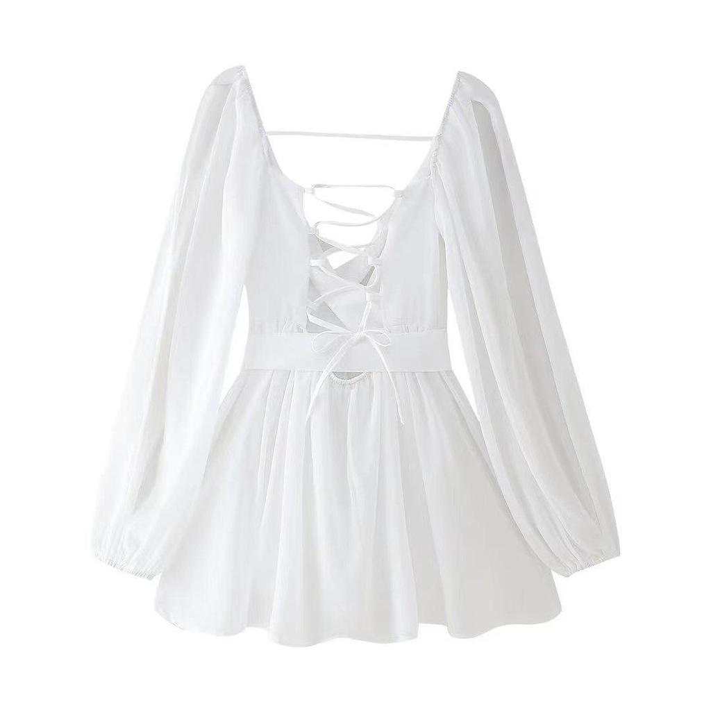 2026 Spring Women's Hollow Lantern Sleeve V-Neck Off-the-Shoulder Mini Dress