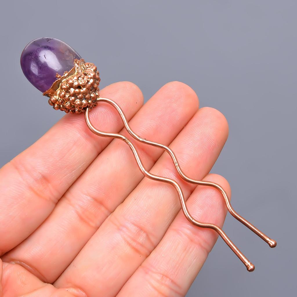 Natural Purple Amethyst Handmade Copper Bun Stick 3.7 Inch / Electroplated Copper Gold Filled Hair Pin Black Friday Gift For Mother Wife