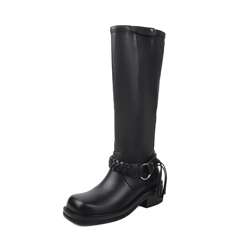 5CM Fringe Belt Design Knee High Boots Women Round Toe Chunky Heel Fall Winter Fashion