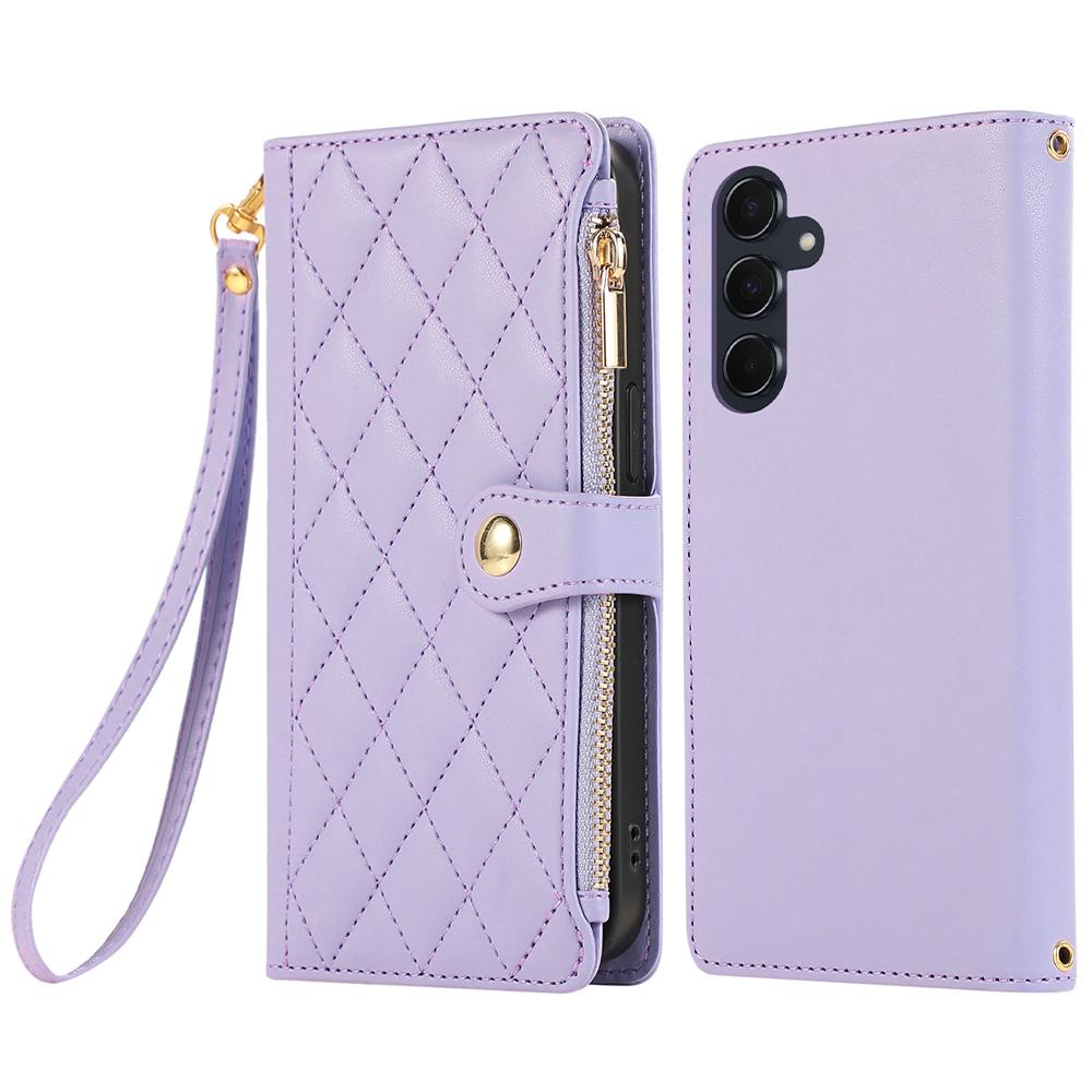 For Samsung Galaxy A16 4G/5G/A26 5G Case Multi Card Slots Zipper Rhombus Leather Phone Cover with Wrist Strap