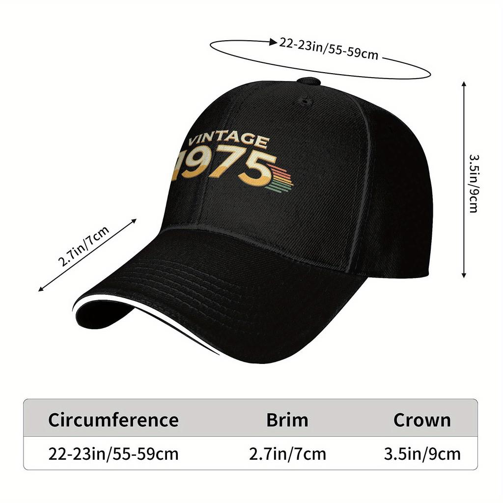 Baseball Cap Vintage 1975 - Black Trucker Dad Hat with Golden & Blue Stripes, Unisex Outdoor Sun Cap, Perfect 50th Birthday Gift