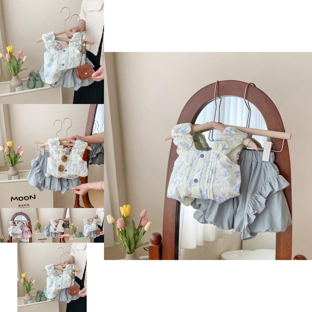 Cute Sweetheart Blue Floral Sleeveless Top And Short Pants Baby Girl Set