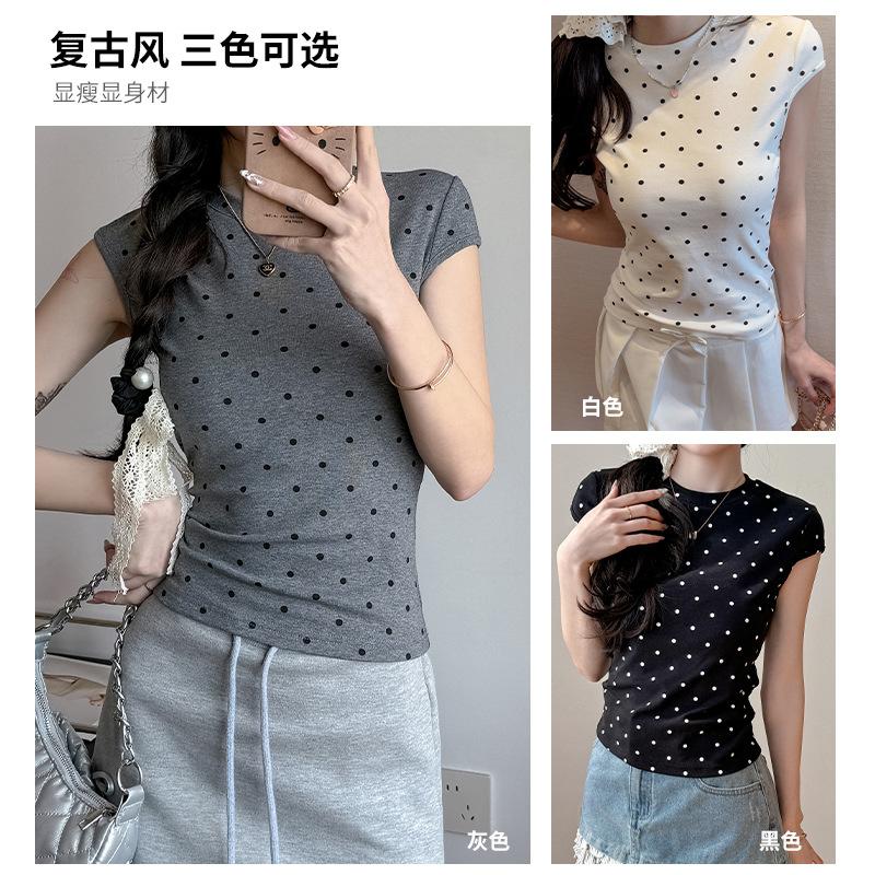Black polka dot design front shoulder short-sleeved T-shirt women's spring and summer thin round neck slim-fitting and thin bottoming shirt