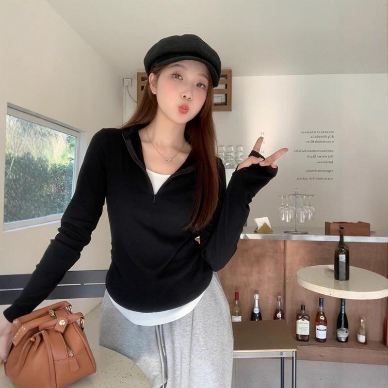 Spring Autumn Fake Two Pieces Slim T-shirt Women Long Sleeve Casual Fashion All-match Pullover Tee Top