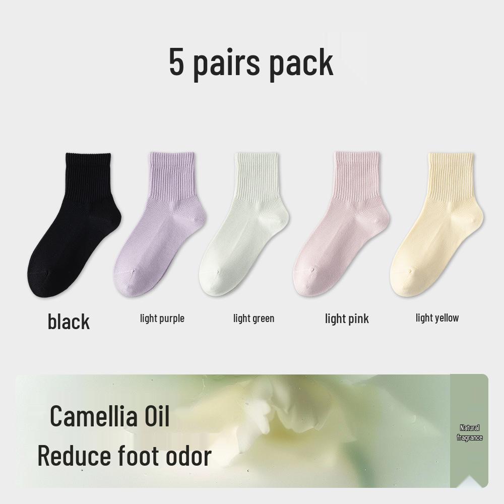 Women's Mid-Calf Camellia Essential Oil Antibacterial Cotton Socks - Solid Color, High Elasticity, for Spring & Autumn
