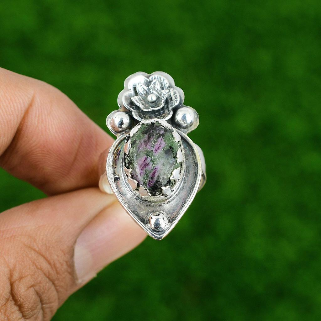 Gift For Her 925 Silver Natural Ruby Zoisite Promise Flower Adjustable Ring